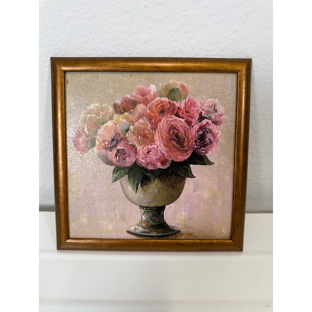 Floral Still Life Pink Roses in Urn Gold Framed Art Print 6.5" Square